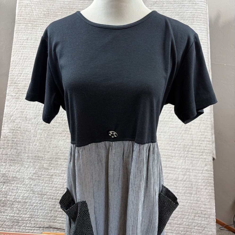 Vtg Dressing Clio Mixed Media Gingham Dress Black Grey Polka Dot Size Med USA‎